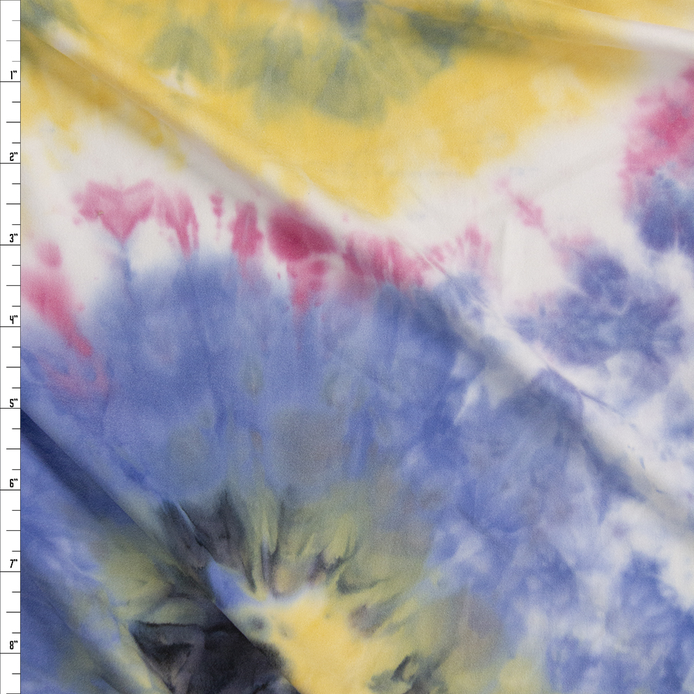 Black, Pink, Yellow, and Blue Tie Dye Double Brushed Poly/Spandex Fabric By The Yard