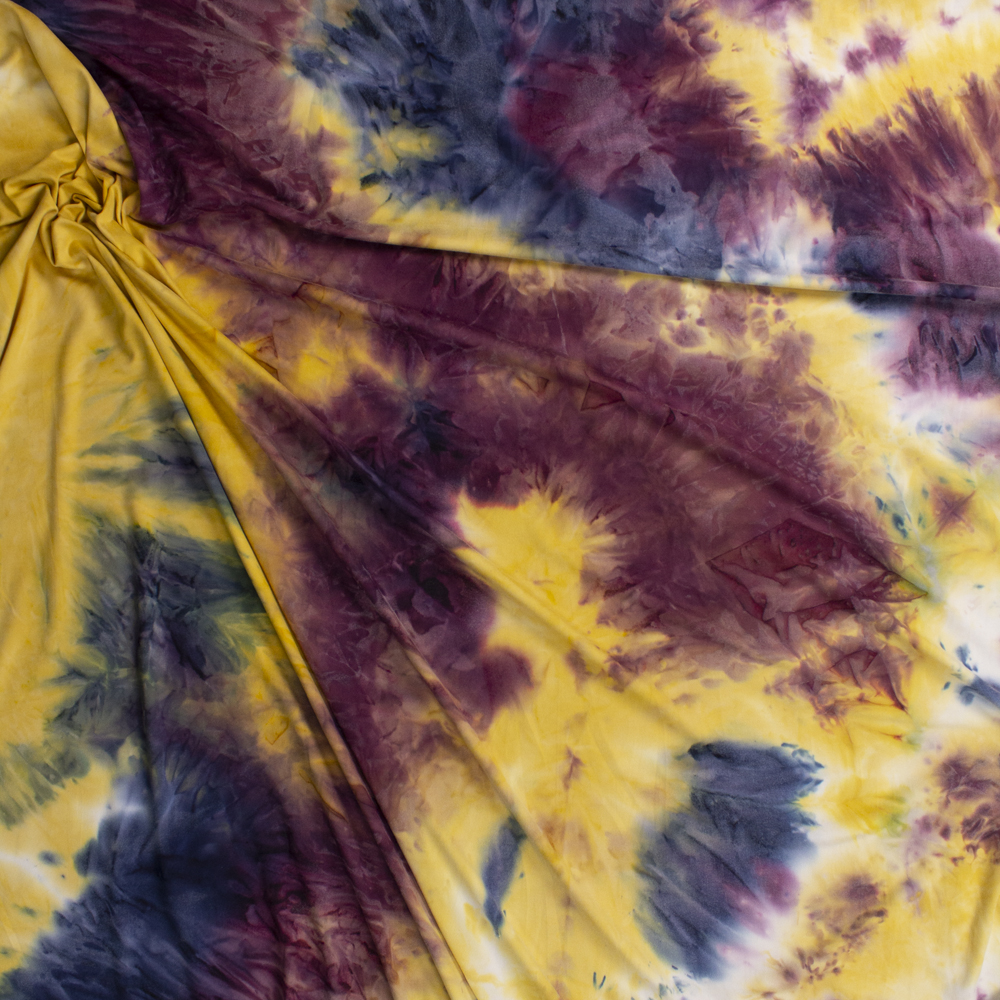 Plum, Yellow, and Navy Tie Dye Double Brushed Poly/Spandex Fabric By The Yard - Wide shot