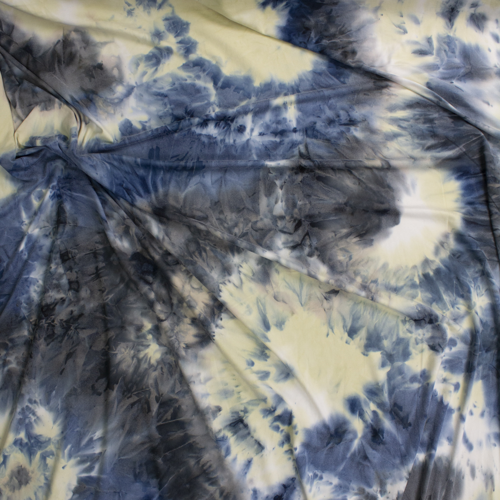 Teal, Cream, and Charcoal Tie Dye Double Brushed Poly/Spandex Fabric By The Yard - Wide shot