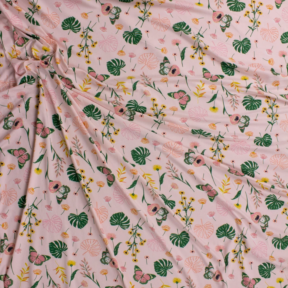 Butterflies and Flowers on Blush Double Brushed Poly/Spandex Fabric By The Yard - Wide shot