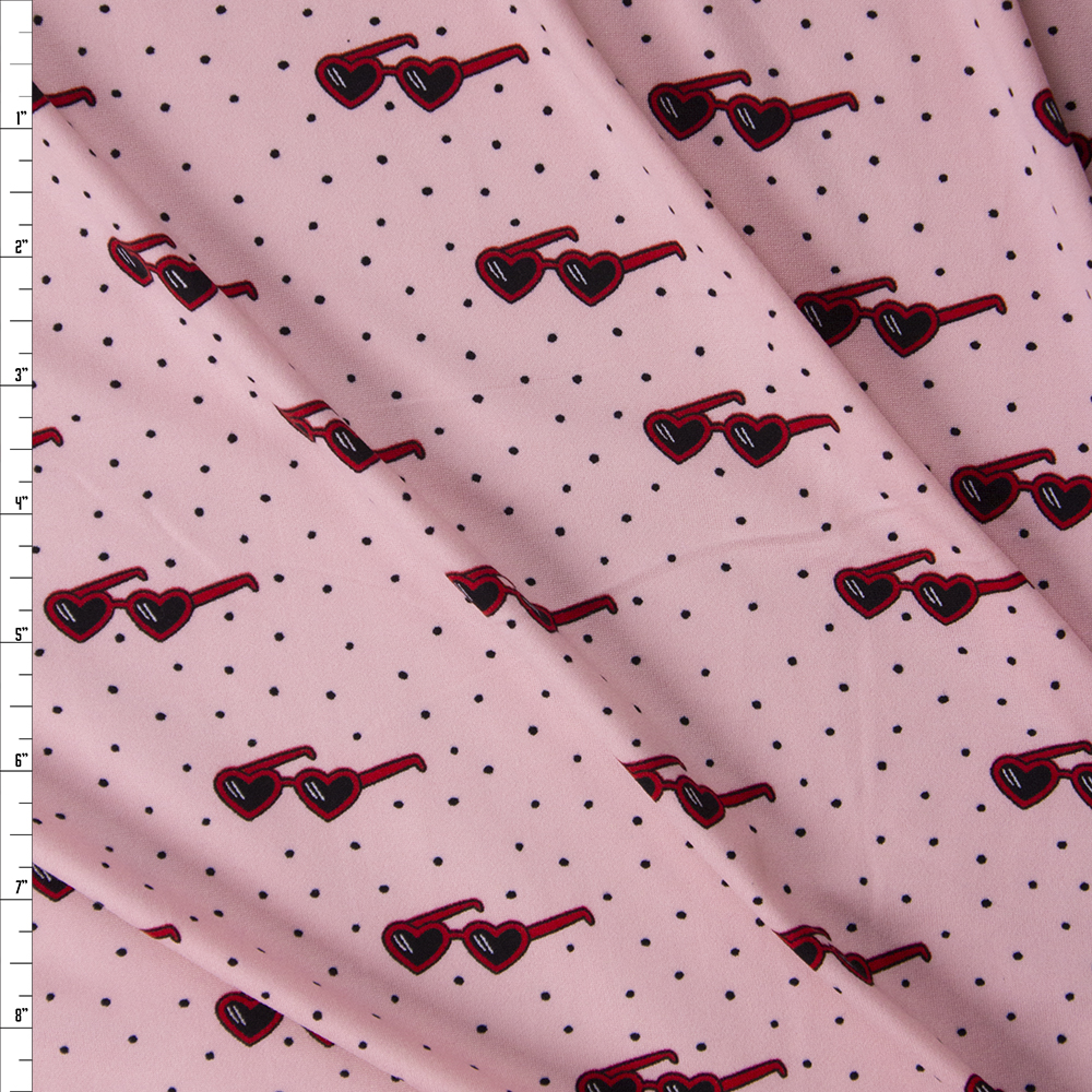 Heart Shaped Glasses and Dots on Blush Double Brushed Poly/Spandex Fabric By The Yard