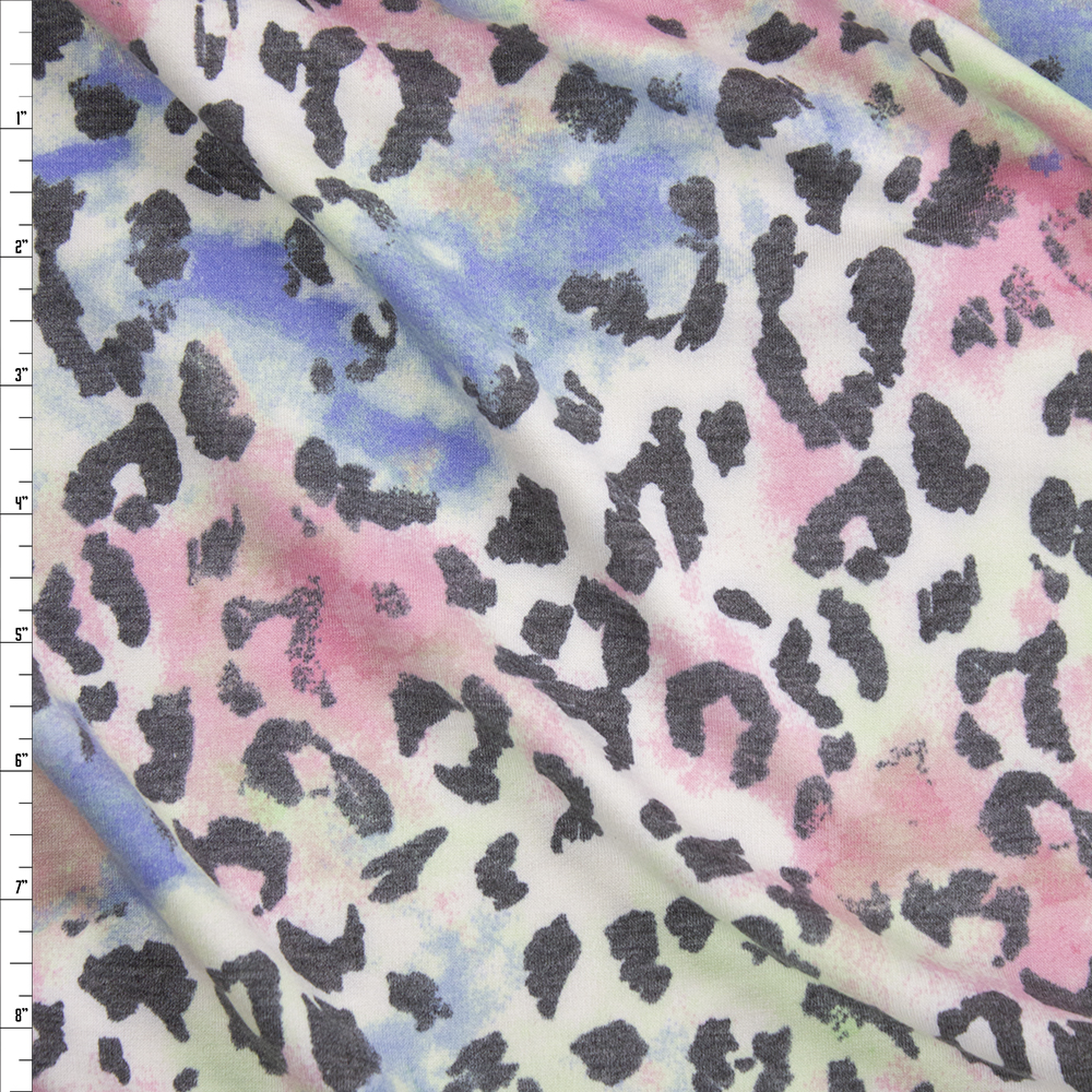 Grey Cheetah on Pastel Blotches Rayon French Terry Fabric By The Yard