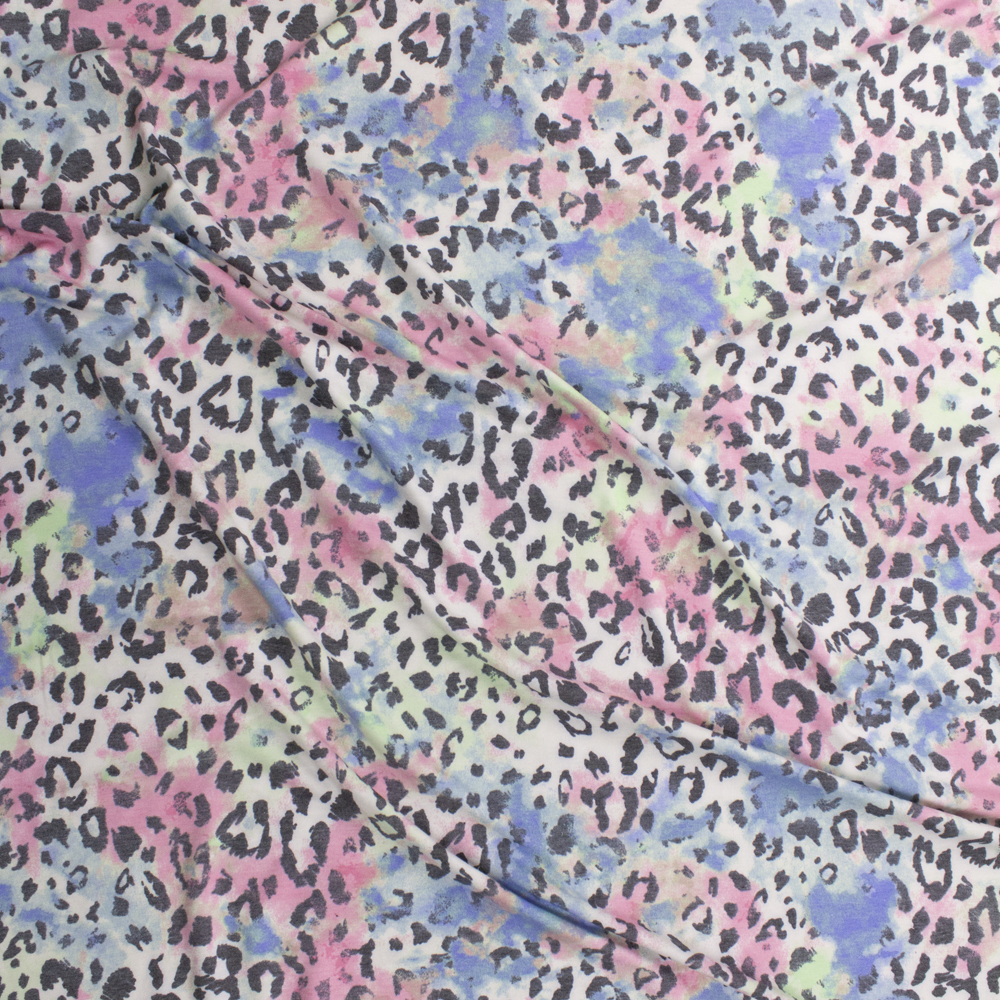 Grey Cheetah on Pastel Blotches Rayon French Terry Fabric By The Yard - Wide shot