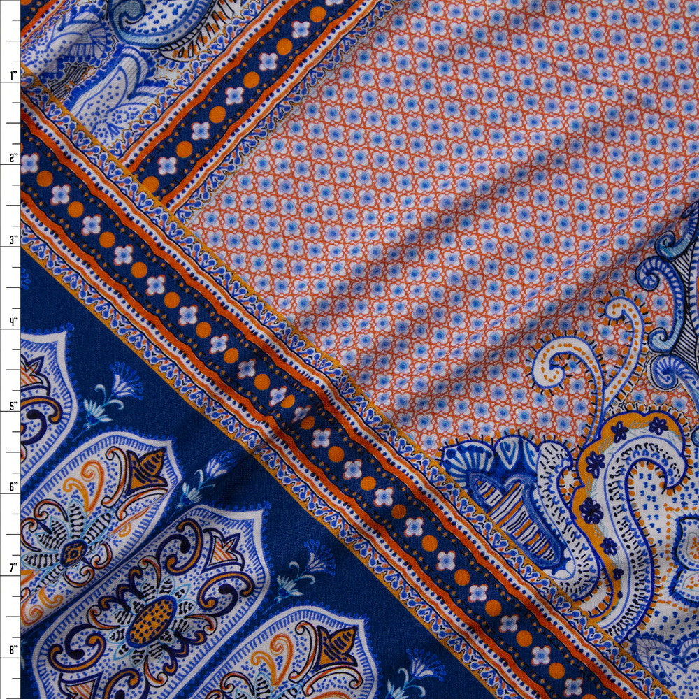 Orange and Blue Layered Bohemian Diamond Stretch Rayon Jersey Knit Fabric By The Yard