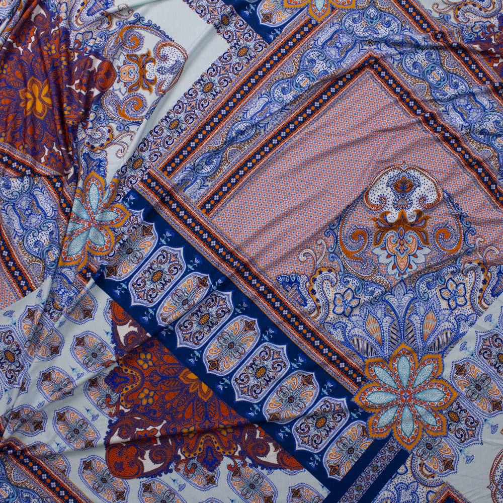 Orange and Blue Layered Bohemian Diamond Stretch Rayon Jersey Knit Fabric By The Yard - Wide shot