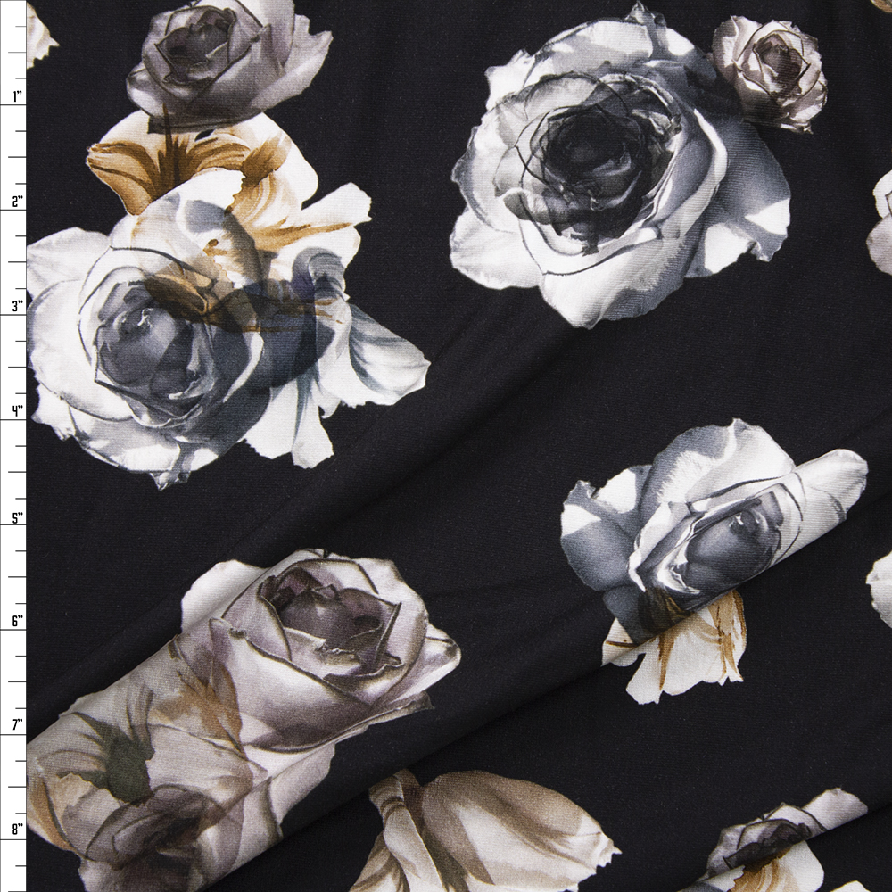 Grey and Tan Roses on Black Stretch Rayon Jersey Knit Fabric By The Yard
