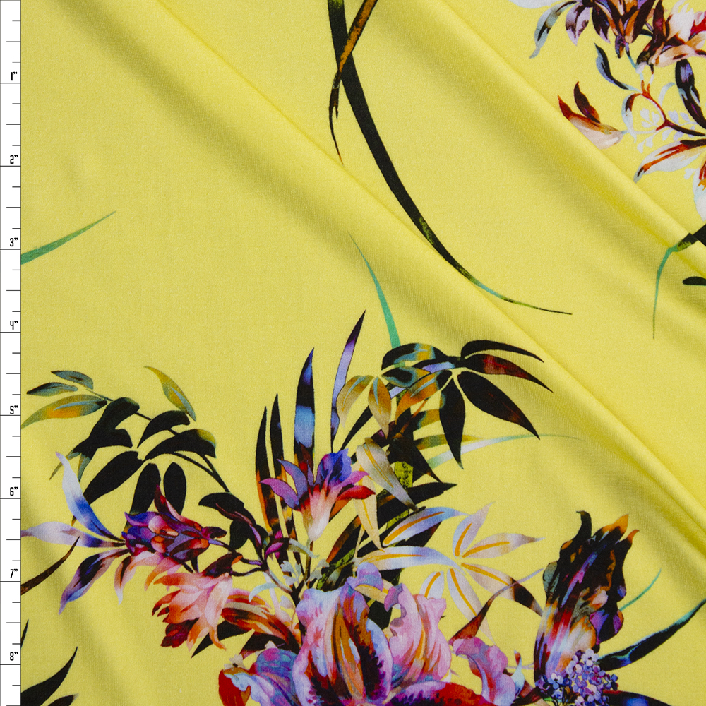 Neon Floral on Butter Yellow Stretch Rayon Jersey Knit Fabric By The Yard