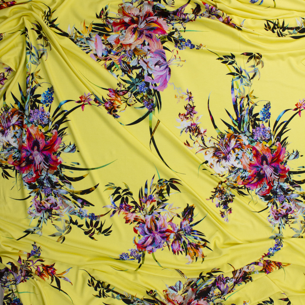 Neon Floral on Butter Yellow Stretch Rayon Jersey Knit Fabric By The Yard - Wide shot