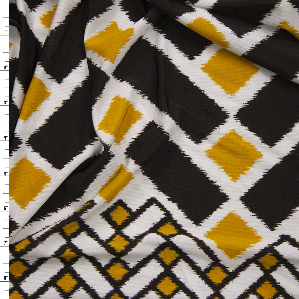 Black, White, and Yellow Geometric Border Print Stretch Polyester Jersey Knit Fabric By The Yard