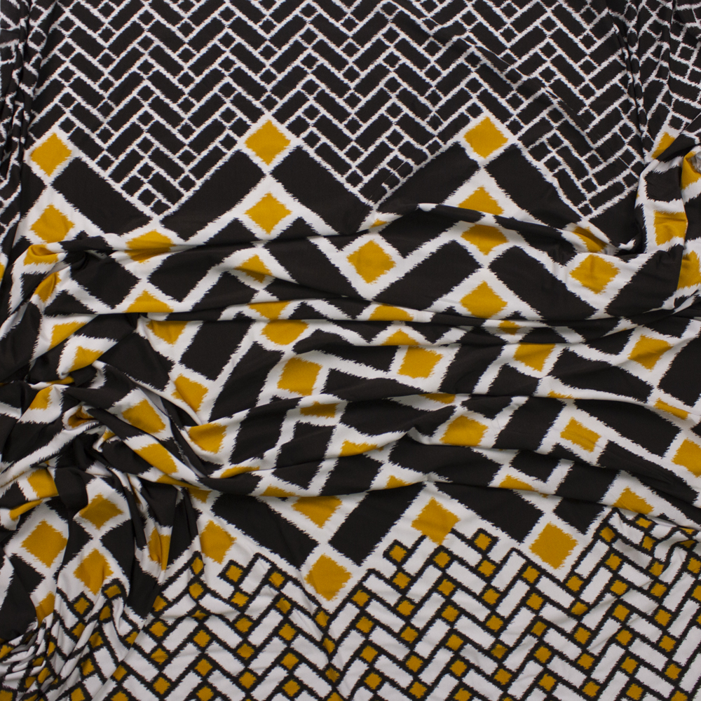 Black, White, and Yellow Geometric Border Print Stretch Polyester Jersey Knit Fabric By The Yard - Wide shot