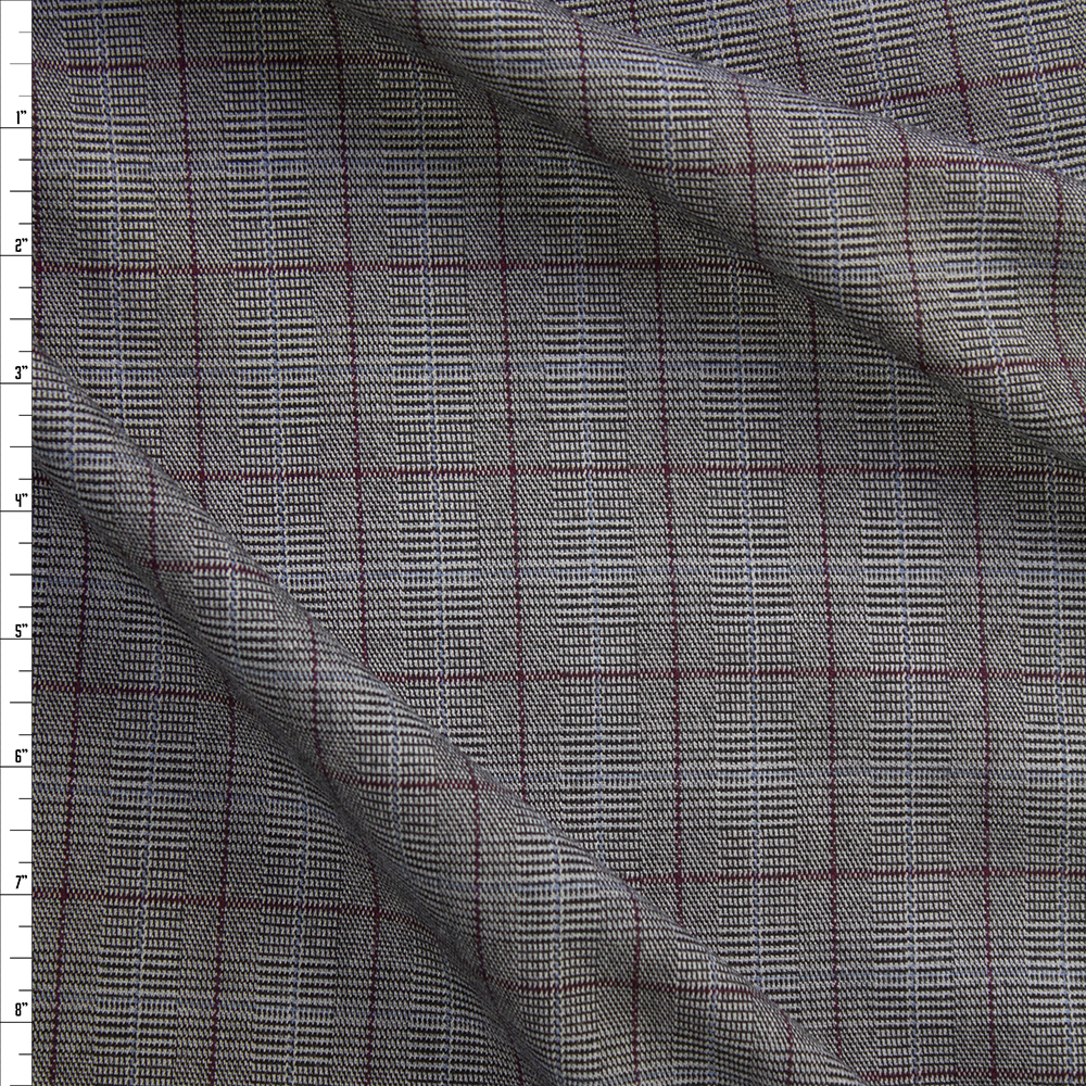 Grey, Wine, and Slate Plaid Stretch Suiting Fabric By The Yard