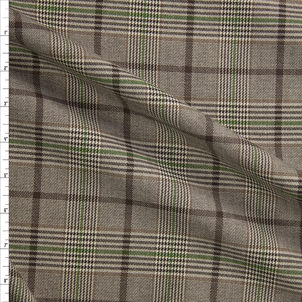 Tan, Brown, and Lime Plaid Stretch Suiting Fabric By The Yard