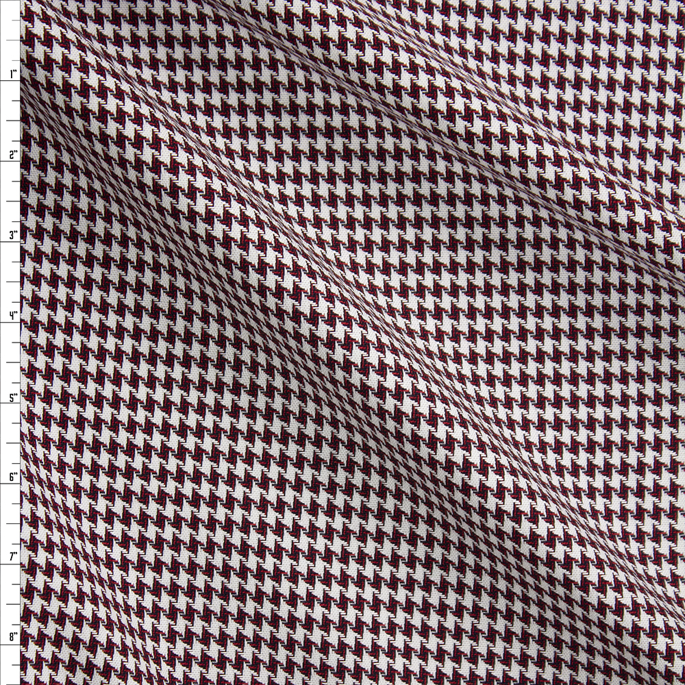Red, Black, and Offwhite Houndstooth Rayon Suiting Fabric By The Yard