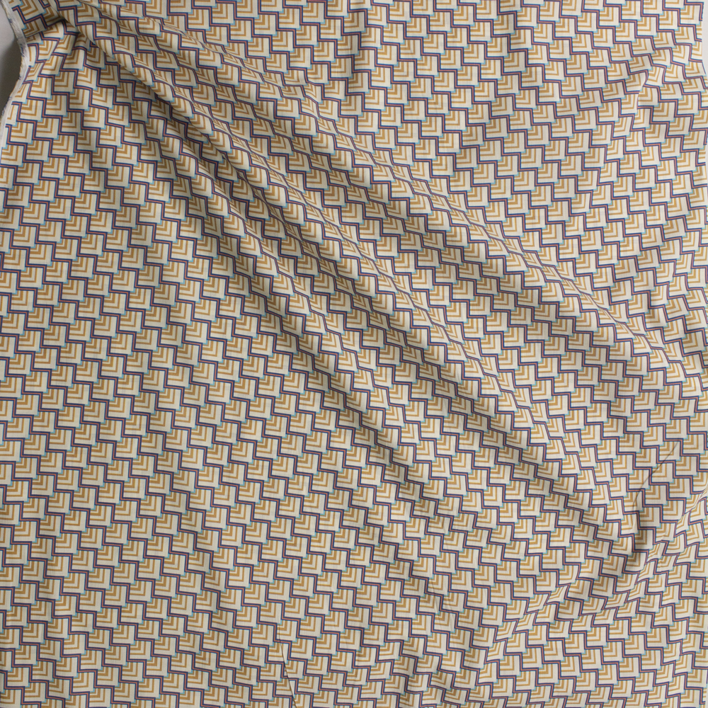 Ivory, Tan, Navy, and Orange Geoemtric Cotton Sateen Fabric By The Yard - Wide shot