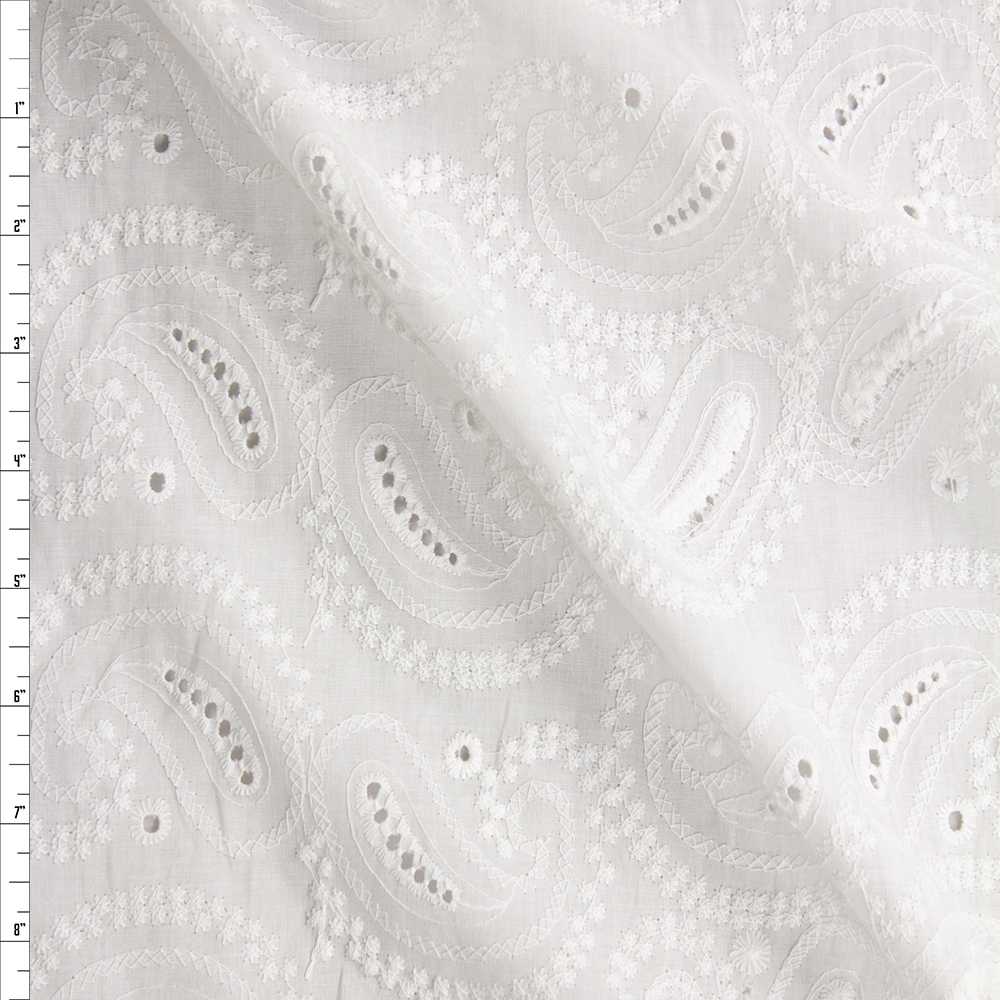 White Paisley Cotton Eyelet Fabric By The Yard