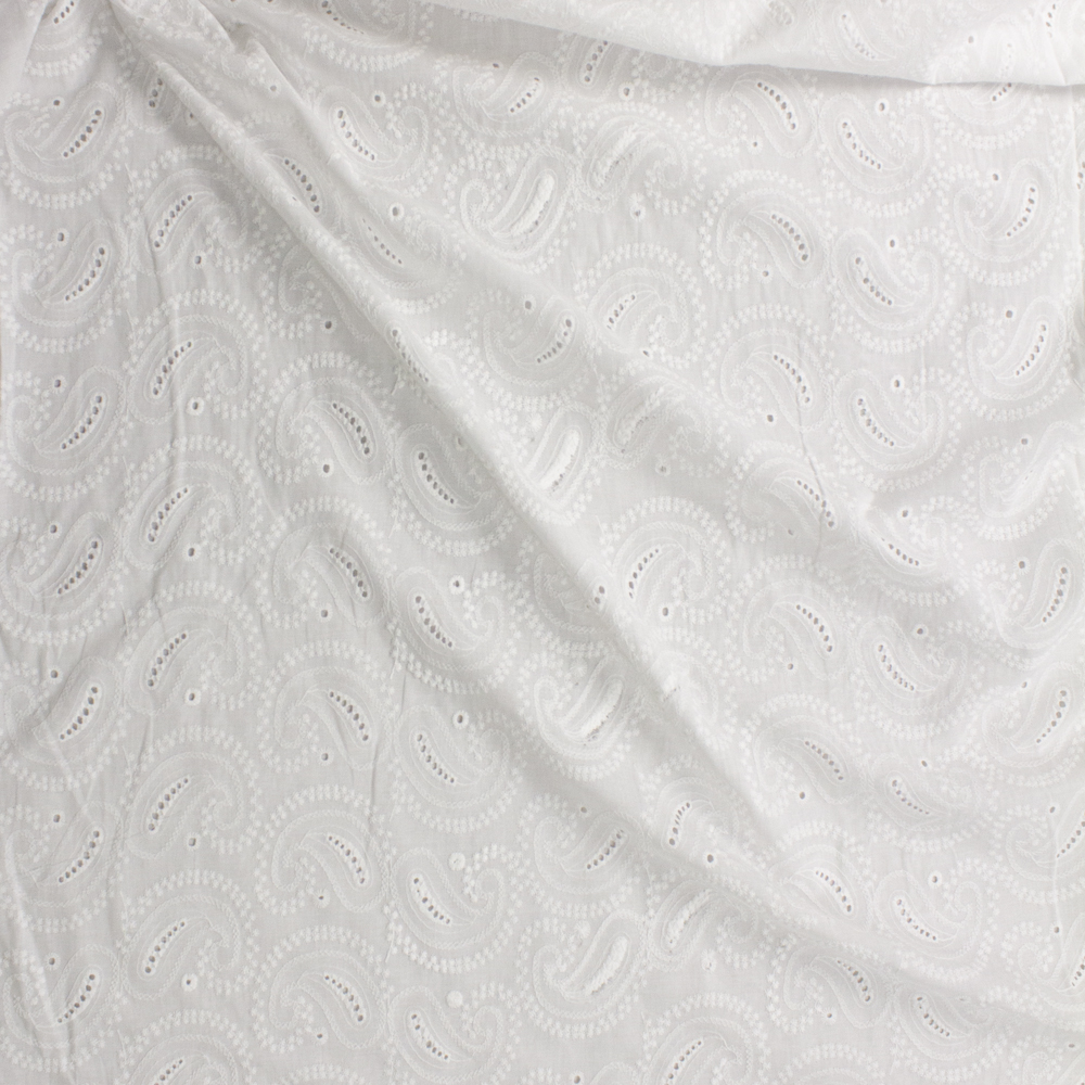 White Paisley Cotton Eyelet Fabric By The Yard - Wide shot