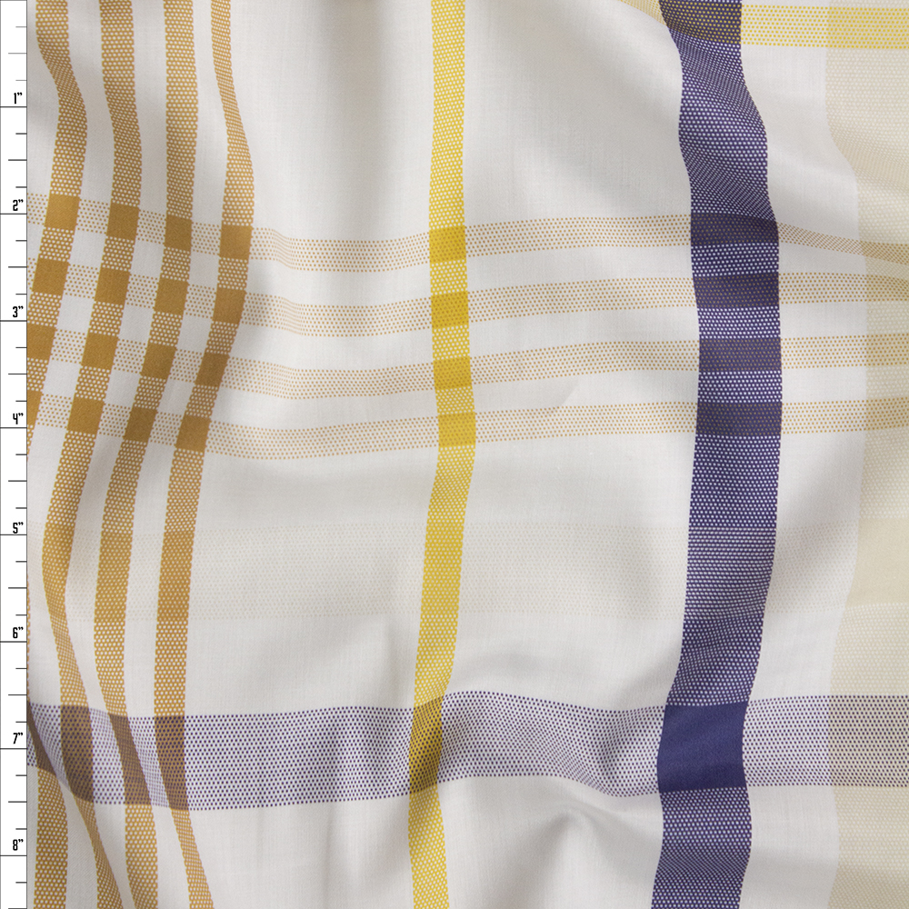 Tan, Blue, Yellow, and White Plaid Cotton Sateen Fabric By The Yard