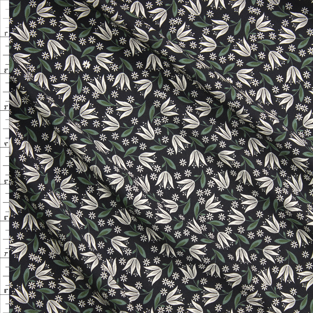Black, Ivory, and Olive Floral Rayon Challis Fabric By The Yard