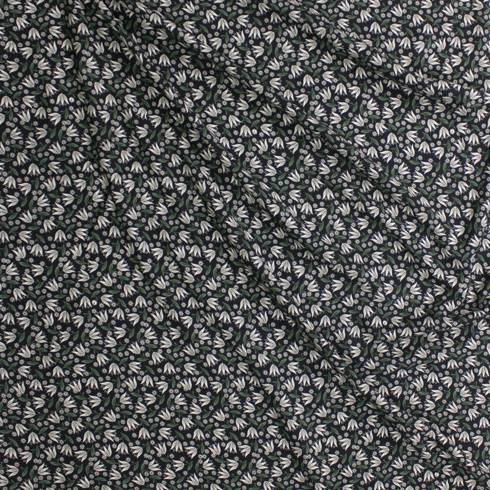 Black, Ivory, and Olive Floral Rayon Challis Fabric By The Yard - Wide shot