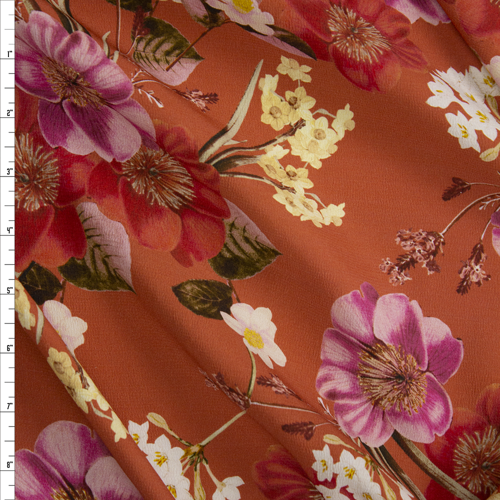Pink and Rust Floral on Terracotta Rayon Georgette Fabric By The Yard