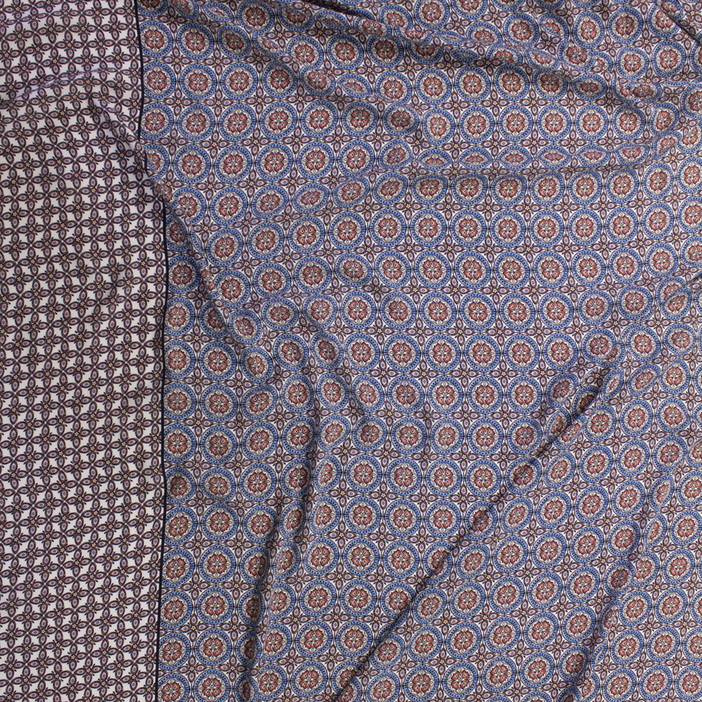 Brick, Blue, and Ivory Medallion Floral Border Print Crepe De Chine Fabric By The Yard - Wide shot