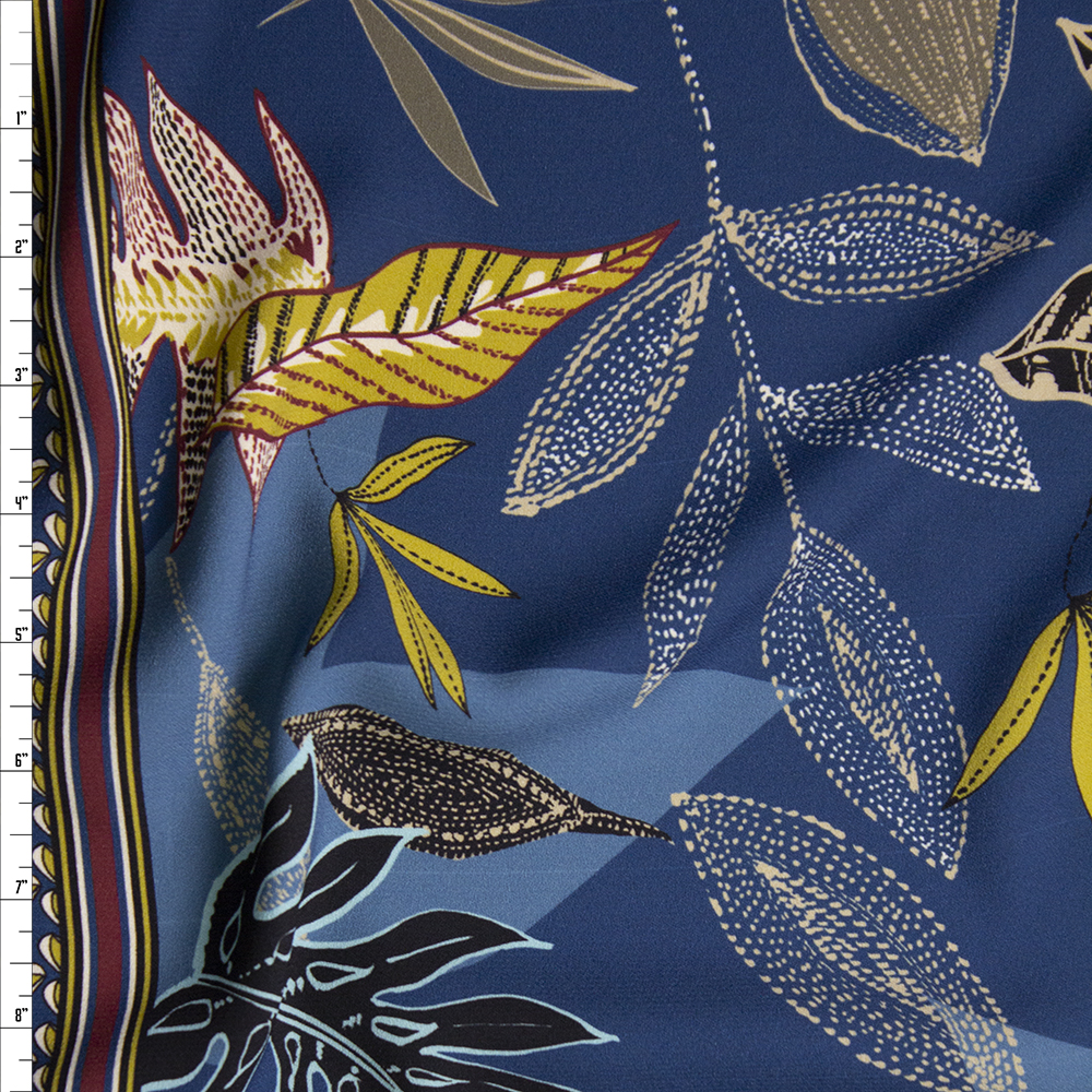 Teal Island Border Print Crepe De Chine Fabric By The Yard