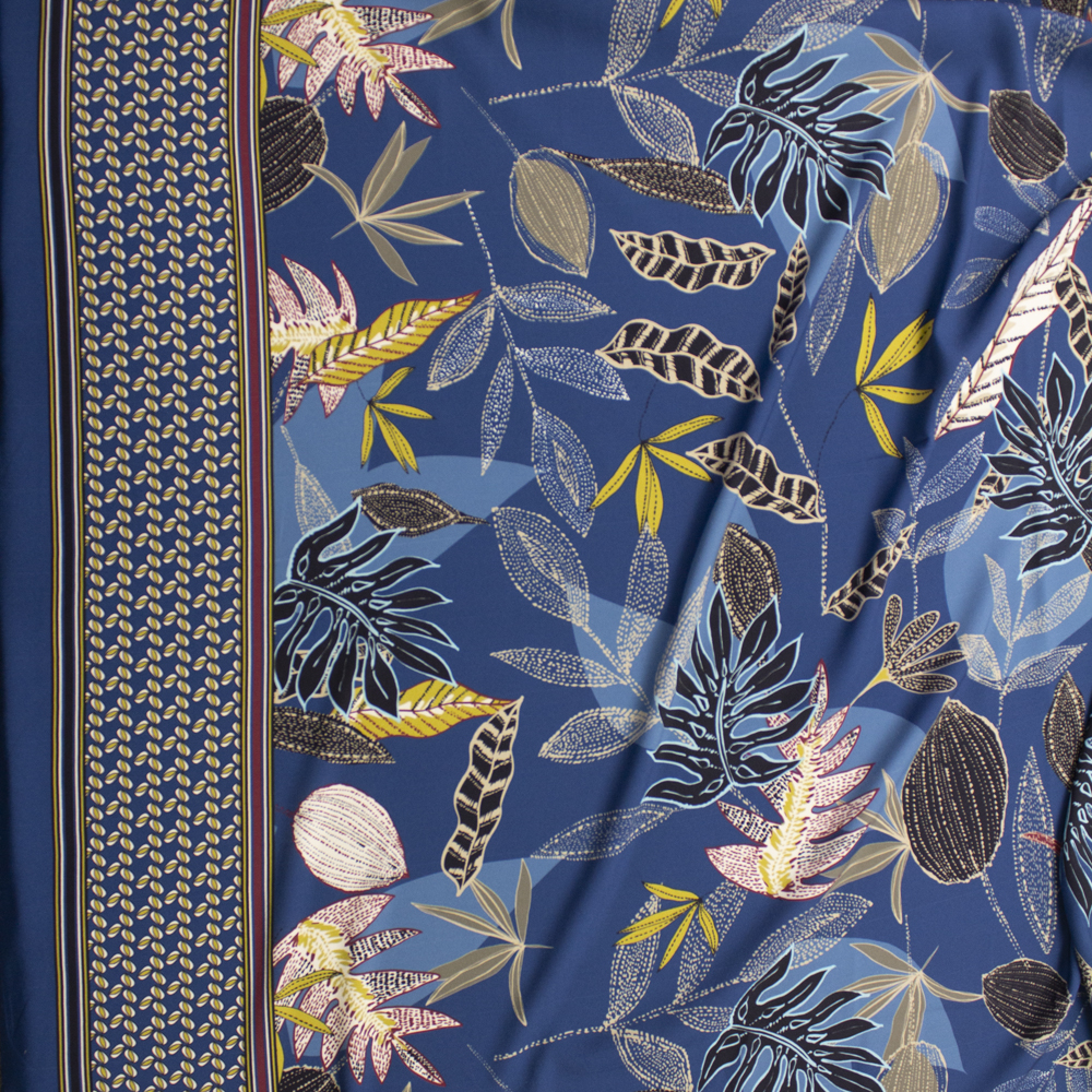 Teal Island Border Print Crepe De Chine Fabric By The Yard - Wide shot