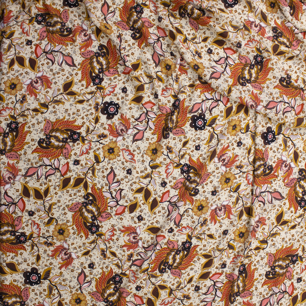 Red, Coral, and Brown Retro Floral on Ivory Challis Fabric By The Yard - Wide shot