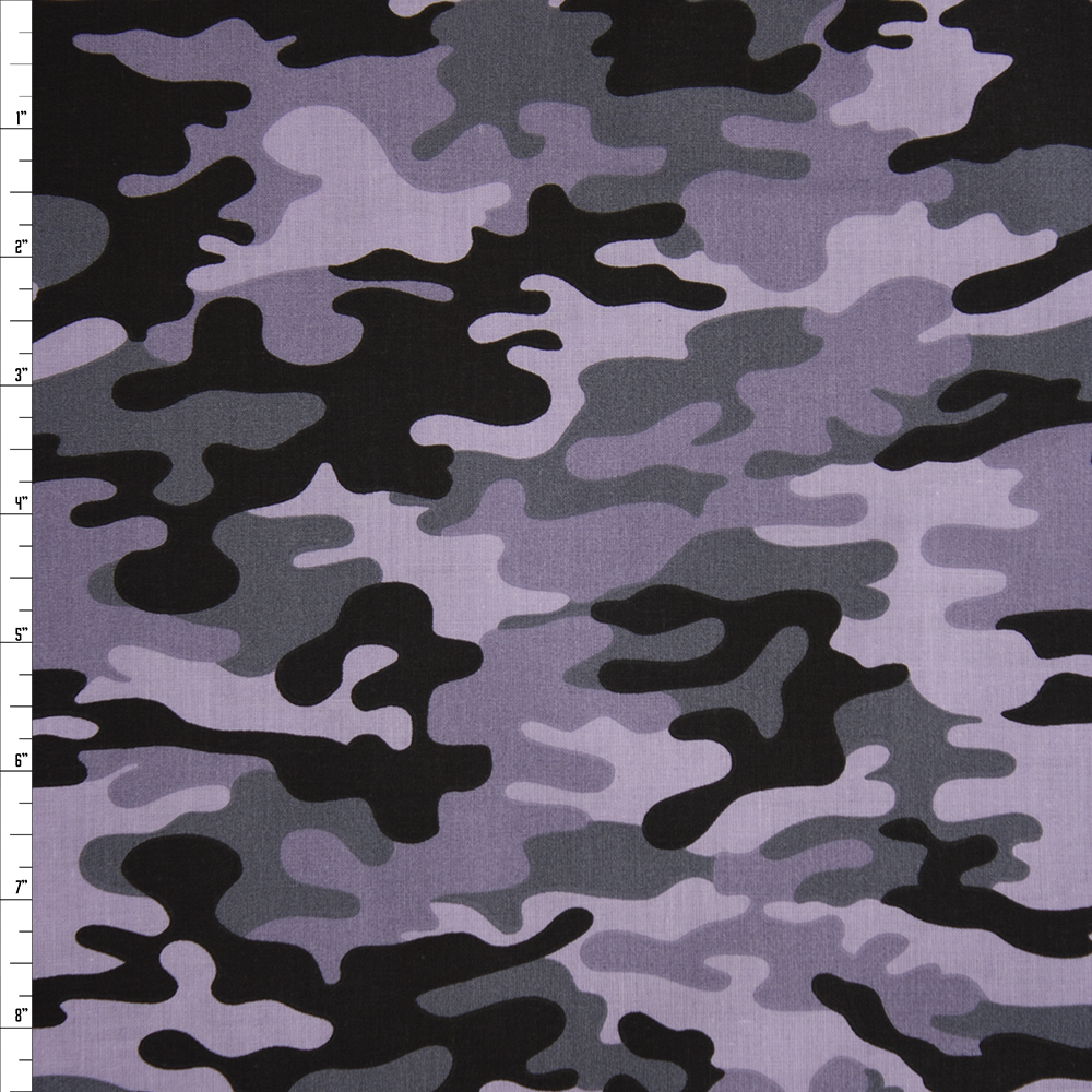 Lavender, Black, and Grey Camouflage Quilter's Cotton Print Fabric By The Yard