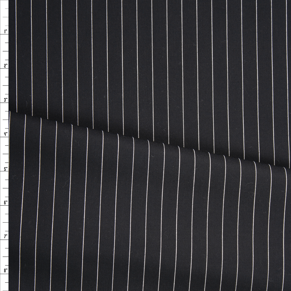 White on Black Vertical Pinstripe Poly/Cotton Twill Fabric By The Yard