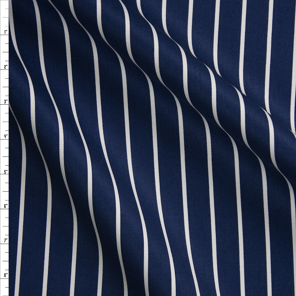 White on Navy Vertical Pencil Stripe Cotton Twill Fabric By The Yard