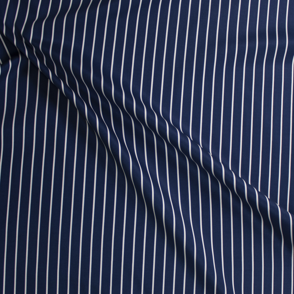 White on Navy Vertical Pencil Stripe Cotton Twill Fabric By The Yard - Wide shot