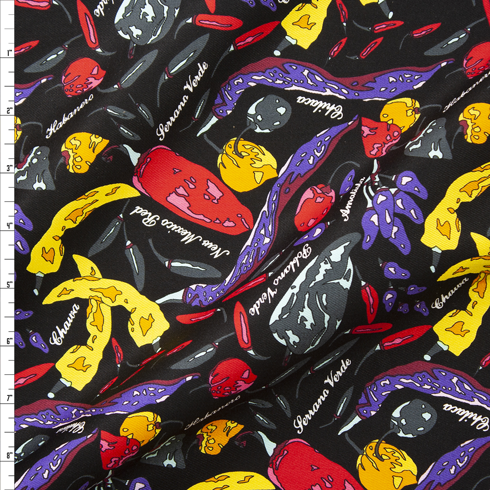 Peppers on Black Designer Cotton Twill Fabric By The Yard