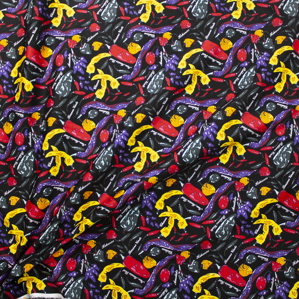 Peppers on Black Designer Cotton Twill Fabric By The Yard - Wide shot
