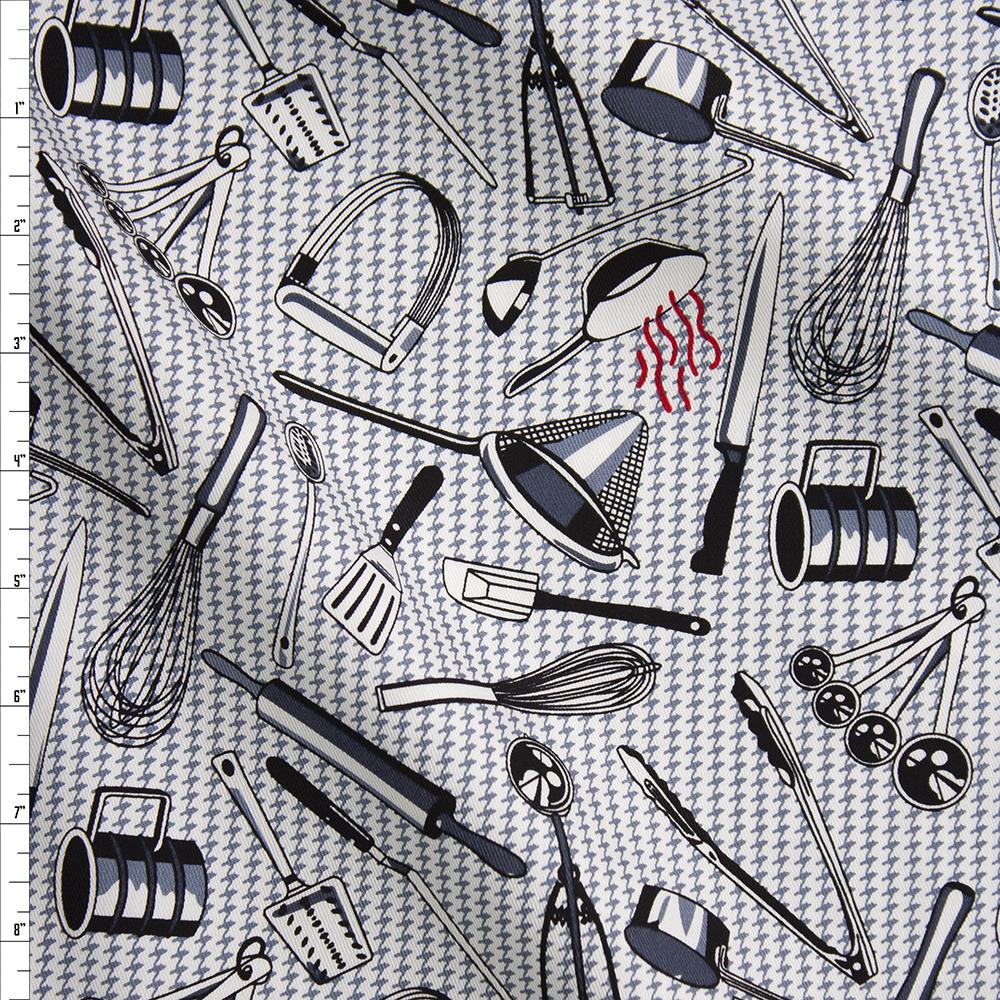 Kitchen Utensils on Grey and White Houndstooth Designer Cotton Twill Fabric By The Yard