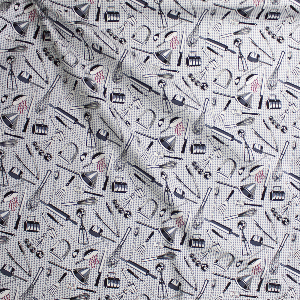 Kitchen Utensils on Grey and White Houndstooth Designer Cotton Twill Fabric By The Yard - Wide shot