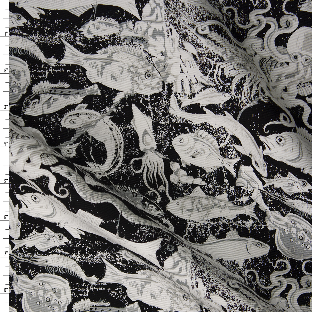 Grunge White Fish and Sea Creatures on Black Designer Cotton Twill Fabric By The Yard