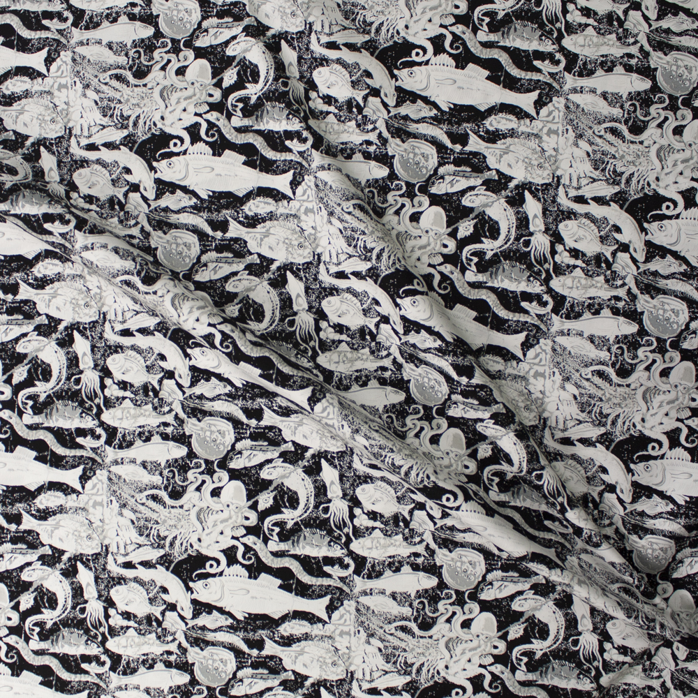 Grunge White Fish and Sea Creatures on Black Designer Cotton Twill Fabric By The Yard - Wide shot