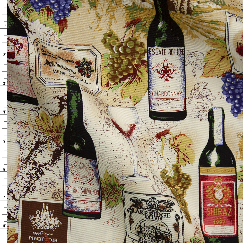 Wine Bottles, Grapes, and Vineyards Designer Cotton Twill Fabric By The Yard