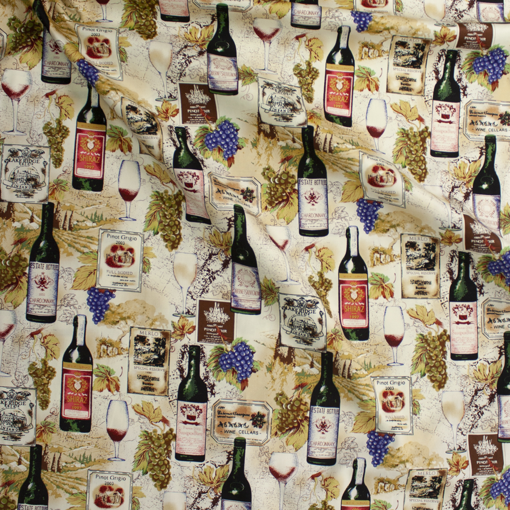 Wine Bottles, Grapes, and Vineyards Designer Cotton Twill Fabric By The Yard - Wide shot