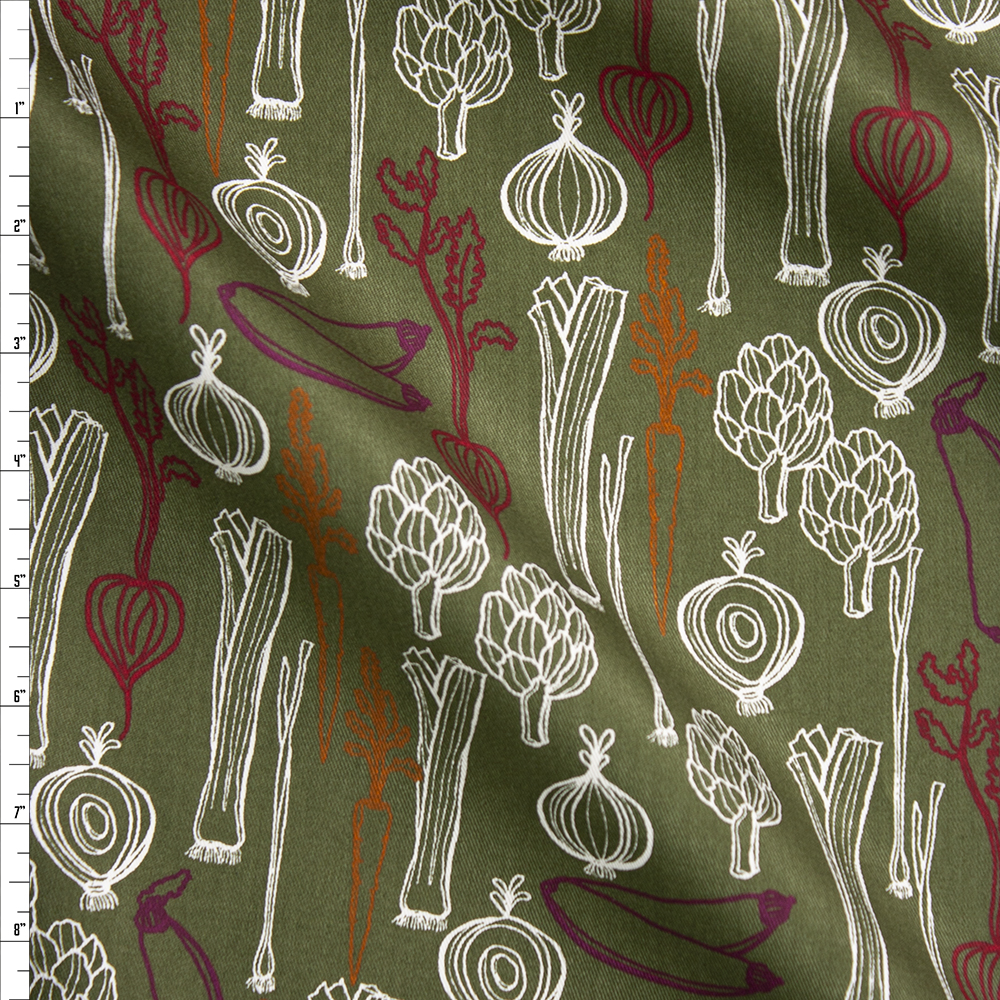 Sketchbook Fruits and Veggies on Olive Designer Cotton Twill Fabric By The Yard