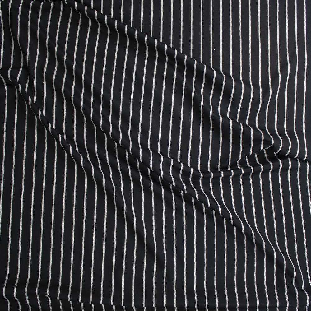 White on Black Vertical Pencil Stripe Rayon Twill Fabric By The Yard - Wide shot