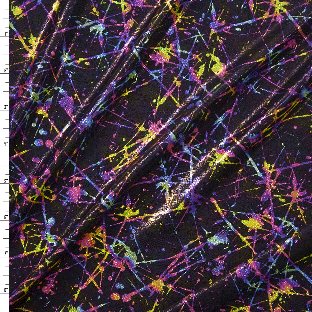 Metallic Bright Splatter on Black Lightweight Nylon/Spandex Fabric By The Yard