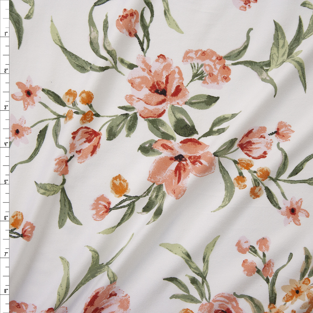 Peach and Coral Brushstroke Floral on Offwhite Double Brushed Poly Knit Fabric By The Yard