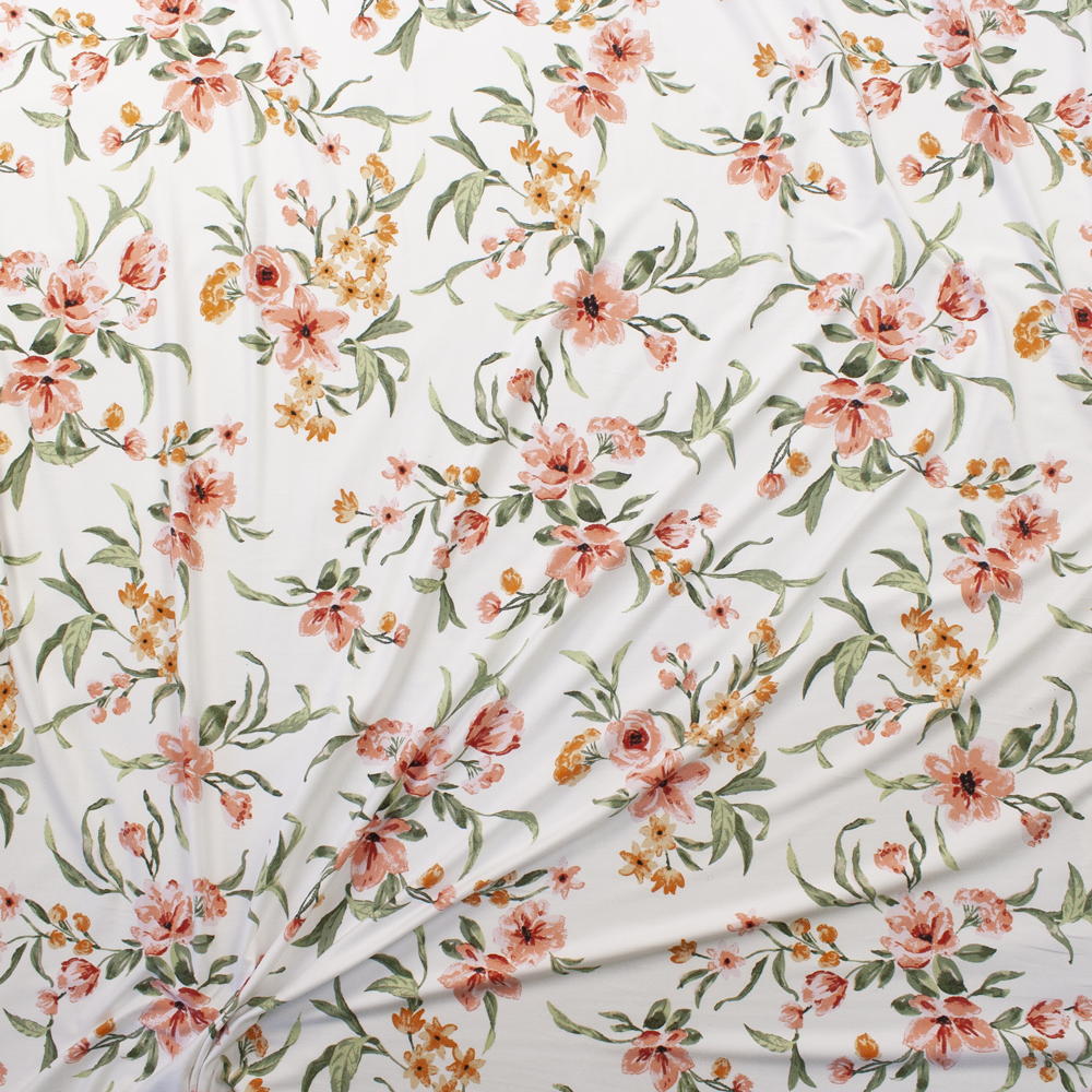 Peach and Coral Brushstroke Floral on Offwhite Double Brushed Poly Knit Fabric By The Yard - Wide shot