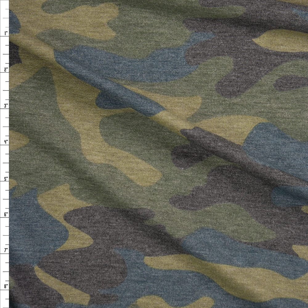 Olive, Charcoal, and Teal Camouflage Rayon French Terry Fabric By The Yard
