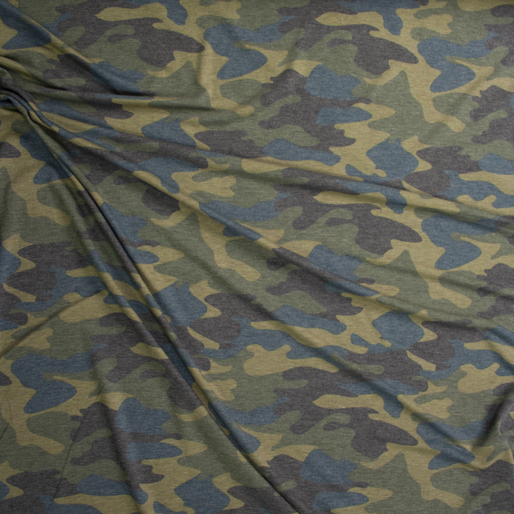 Olive, Charcoal, and Teal Camouflage Rayon French Terry Fabric By The Yard - Wide shot