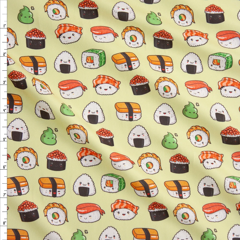 Smiling Sushi on Chartreuse Double Brushed Poly Spandex Knit Fabric By The Yard