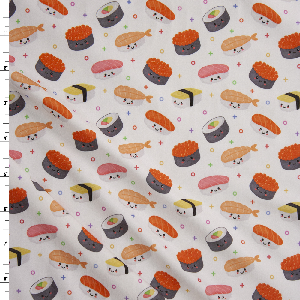 Smiling Sushi on White Double Brushed Poly Spandex Knit Fabric By The Yard