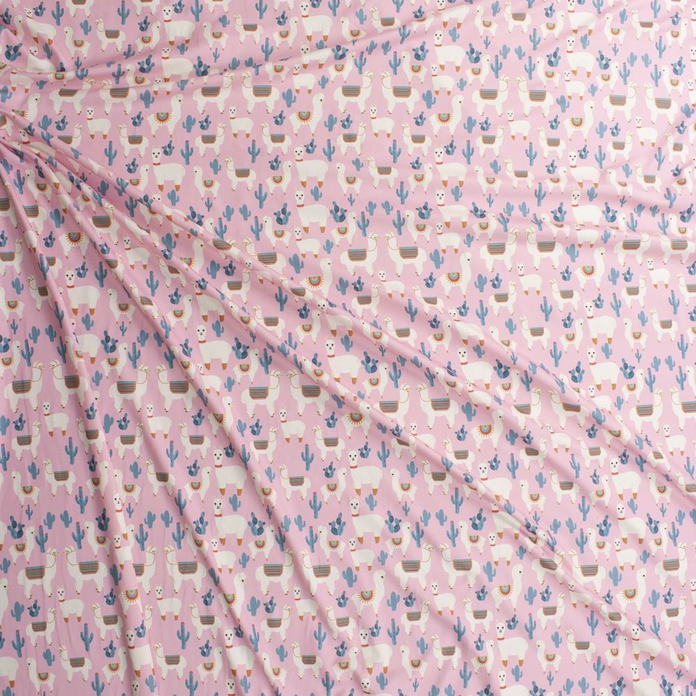 Llamas and Cacti on Pink Double Brushed Poly Spandex Knit Fabric By The Yard - Wide shot